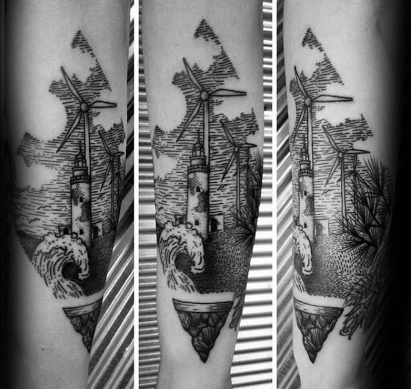 Mens Wood Cut Windmill With Ocean Wave Forearm Tattoo