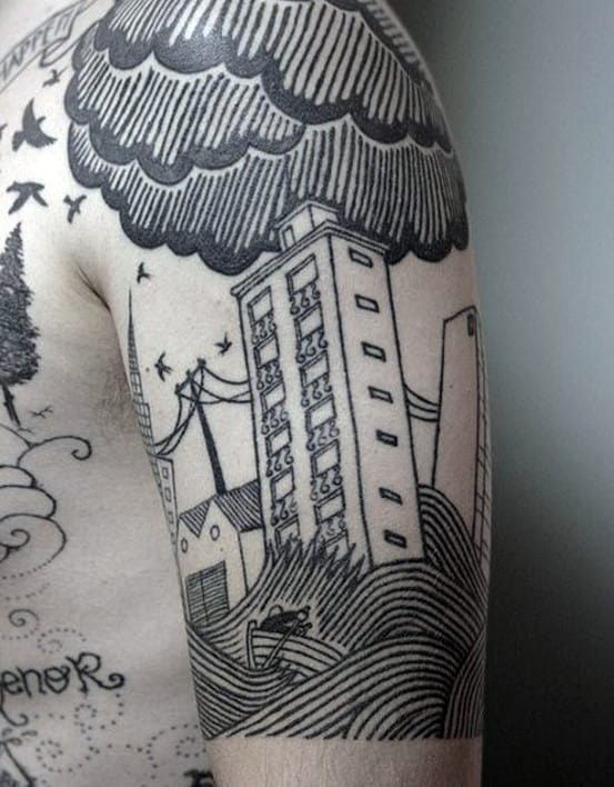 Mens Woodcut Building With Flood And Clouds Half Sleeve Tattoo