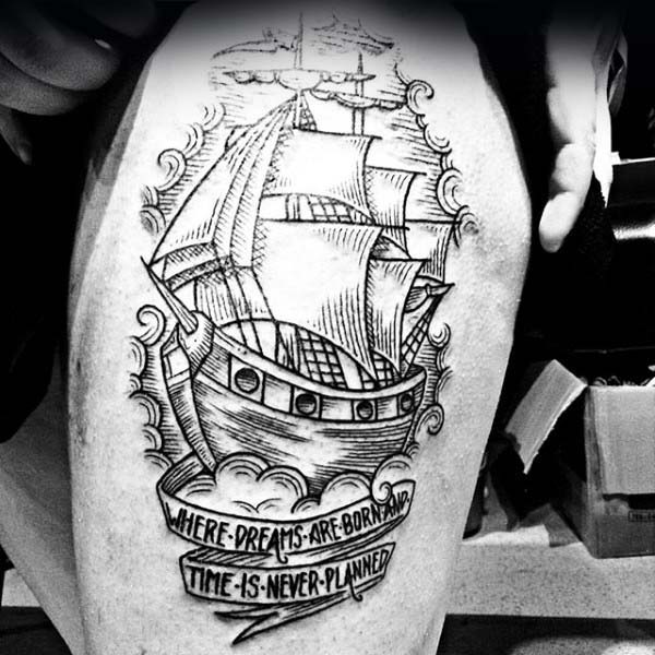 Mens Woodcut Thigh Tattoo Of Sailing Ship With Scroll