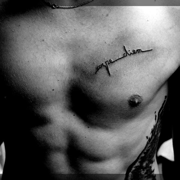 Mens Word Tattoo Of Carpe Diem On Upper Chest