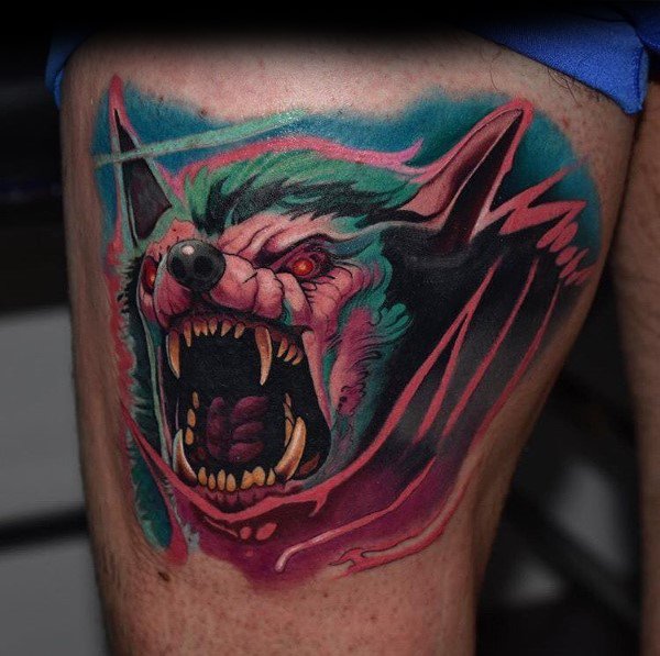 Vibrant tattoo of a fierce Worgen from World of Warcraft, featuring glowing red eyes, sharp fangs, and neon-colored energy, inked on the thigh.