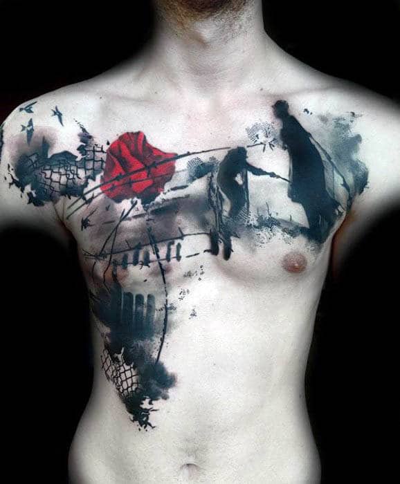 Mens World War I Abstract Tattoo In Black In With Red Poppy Flower On Chest
