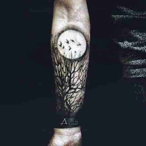 Mens Wrist Moon Tattoo With Black Trees