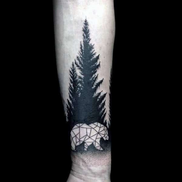 Mens Wrist Pine Tree Negative Space Geometric Bear Tattoo