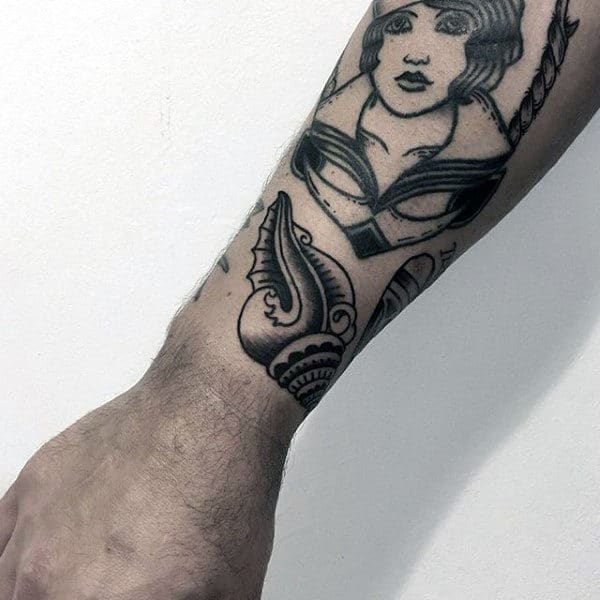 Mens Wrist Seashell Tattoos With Old School Design