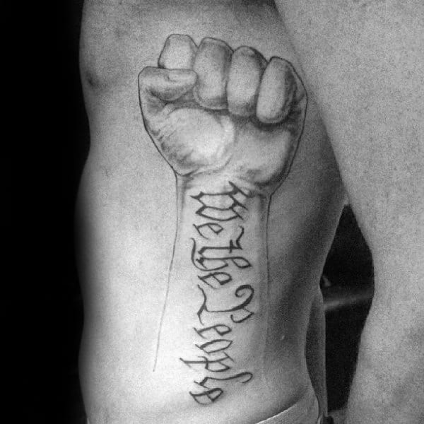Mens Writing Hand We People Rip Cage Side Tattoos