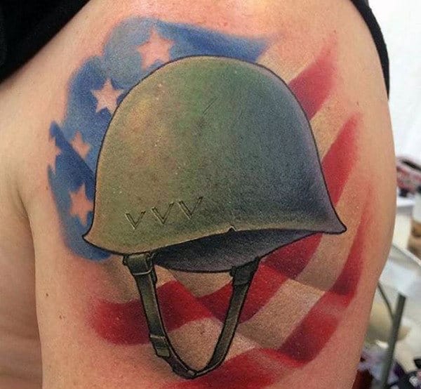 Mens Ww2 Battle Helmet Upepr Arm Tattoo With Usa Flag Design