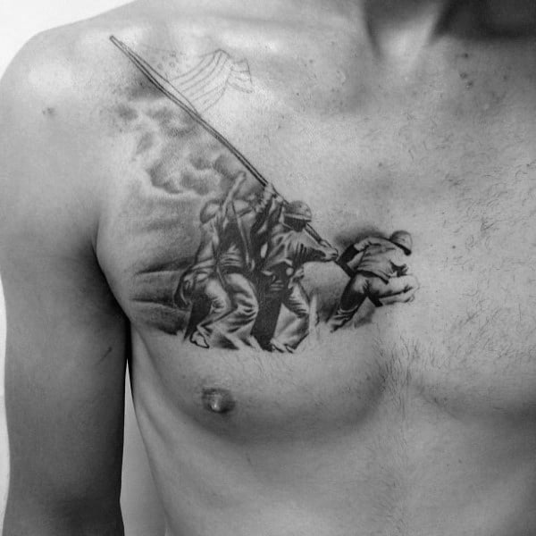 Mens Ww2 Soliders Raising Up American Flag Tattoo On Chest