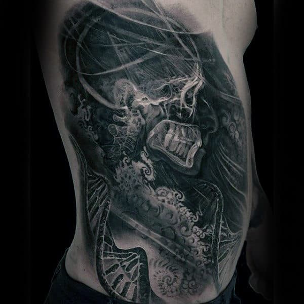 Mens X Ray Skleton With Dna Helix Strands Black Ink Ribs Tattoo
