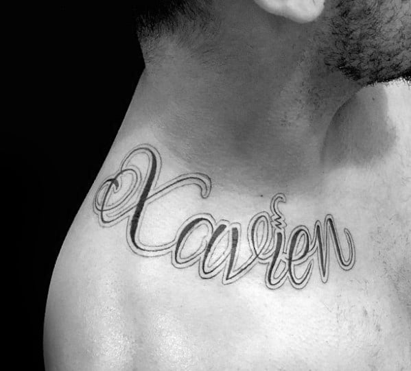 mens xavier kids name script collar bone tattoo