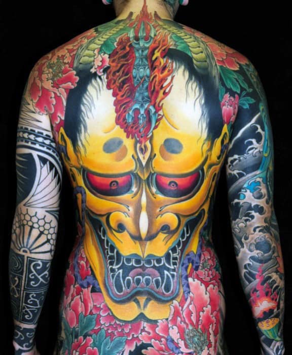 Mens Yellow Demon Japanese Back Tattoo Ideas