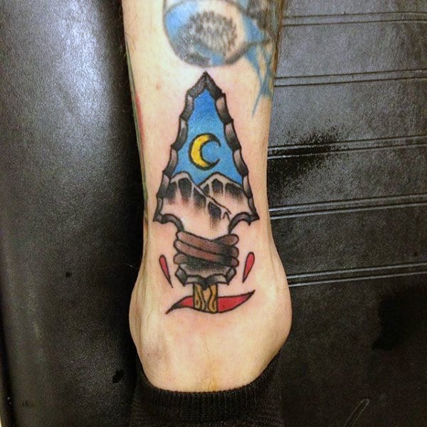 Mens Yellow New Moon In Arrowhead Tattoo On Legs