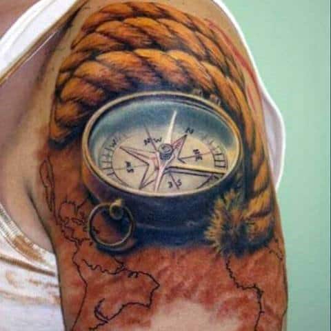 Mens Yellow Rope 3D Compass Tattoo Shoulder