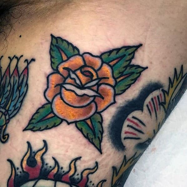 Mens Yellow Rose Flower Traditional Small Bicep Tattoo