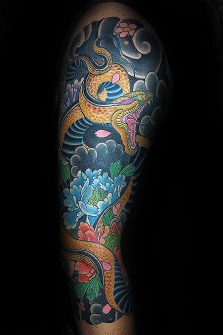 Mens Yellow Snake Japanese Cloud Half Sleeve Tattoos