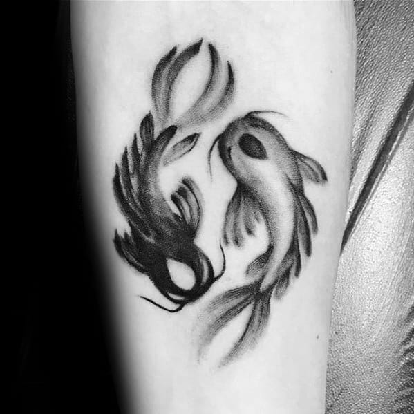 Mens Yin Yang Koi Fish Small Inner Forearm Watercolor Tattoo Design Inspiration