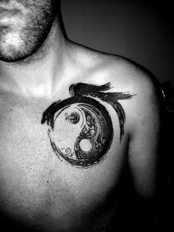 Mens Yin Yang Ouroboros Tattoo On Chest