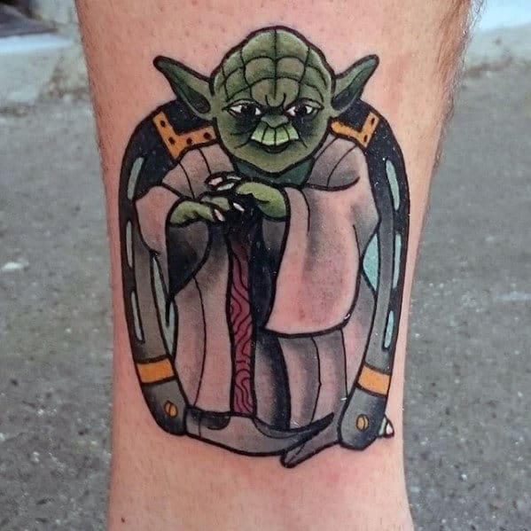 Mens Yoda Horseshoe Old School Leg Tattoo