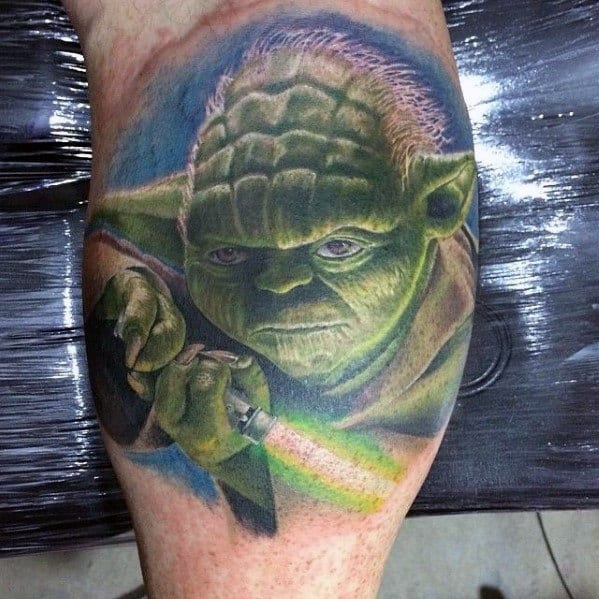Mens Yoda Light Saber Leg Calf Tattoo