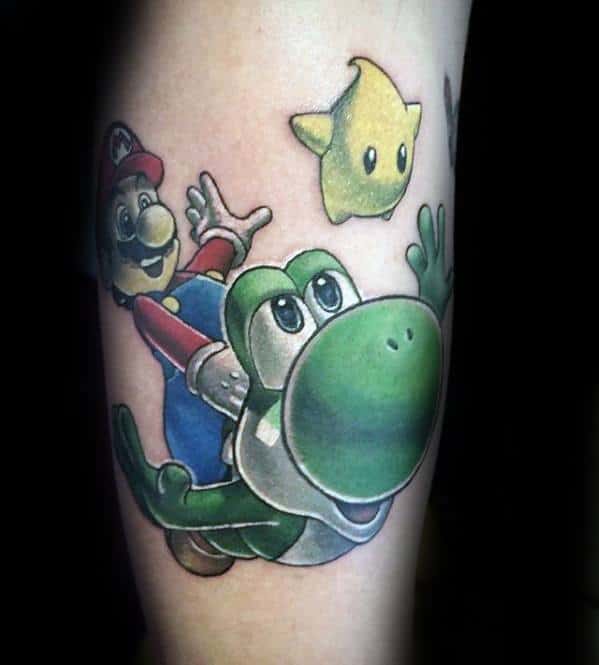 Mens Yoshi With Mario And Star Leg Tattoo Design Inspiration
