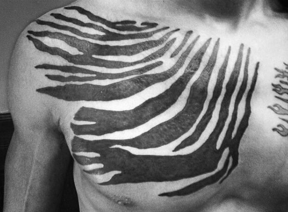 Mens Zebra Print Pattern Upper Chest Tattoo With Black Ink Design