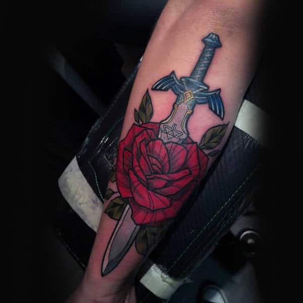 Mens Zelda Sword With Red Rose Forearm Tattoo