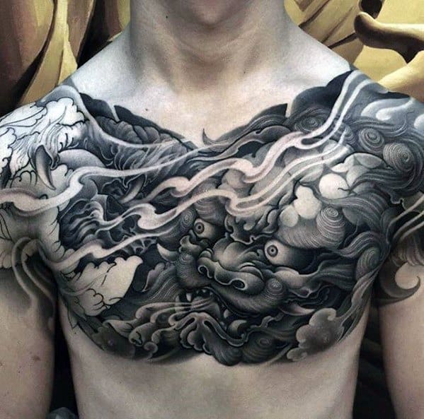 Mens unique Chinese Shaded Black And Grey Tattoo On Chest