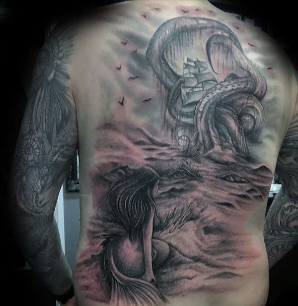 Mermaid On Beach With Kraken And Sailing Ship Full Back Tattoos For Guys