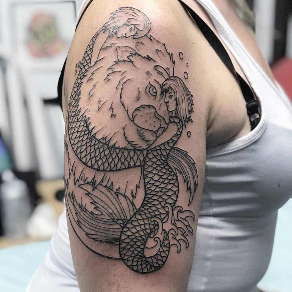 Detailed blackwork tattoo of two mermaids gently holding a lion, merging celestial and oceanic symbolism.