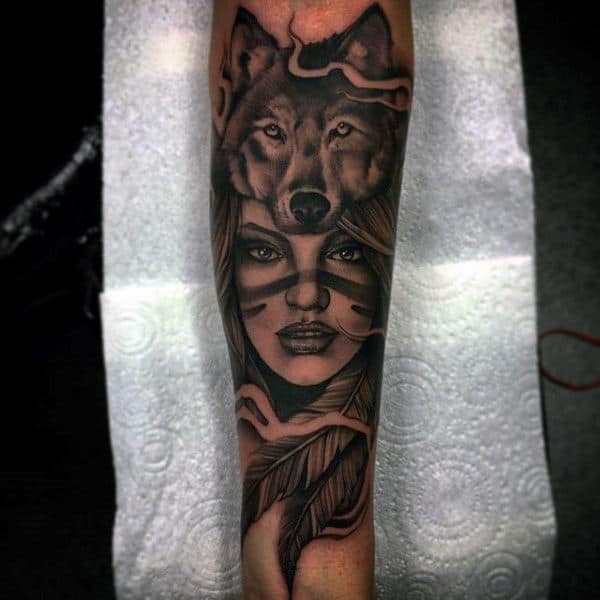 Mesmerizing Lady With Fox And Feather Tattoo On Forearms For Men