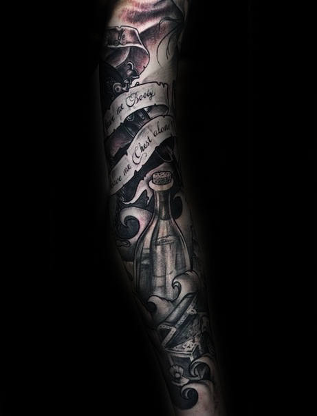 Message In A Bottle With Treasure Chest Sleeve Tattoo Designs For Men