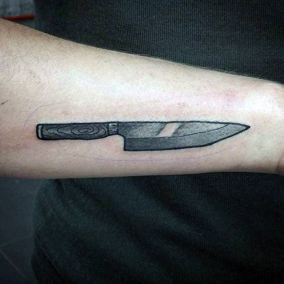 Metal Blade Chef Knife With Wood Handle Mens Arm Tattoos