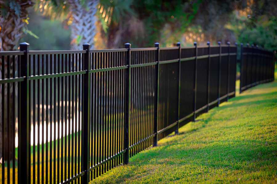 Black aluminum fence along a grassy landscape, bordering trees and a peaceful outdoor setting.