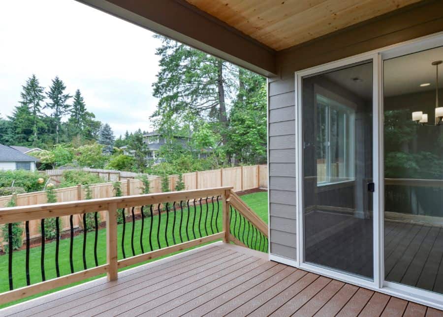 wood deck with metal railing 
