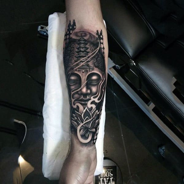 Metallic Buddha With Lightening Curves Tattoo For Men On Forearms