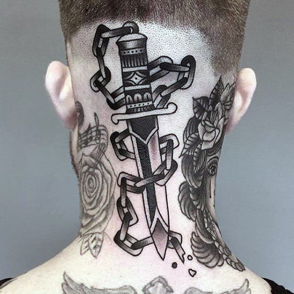 Metallic Chained Dagger Tattoo Guys Neck