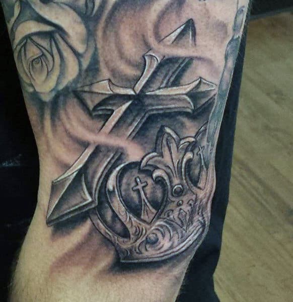 Metallic Cross And Crown Tattoo On Legs For Guys