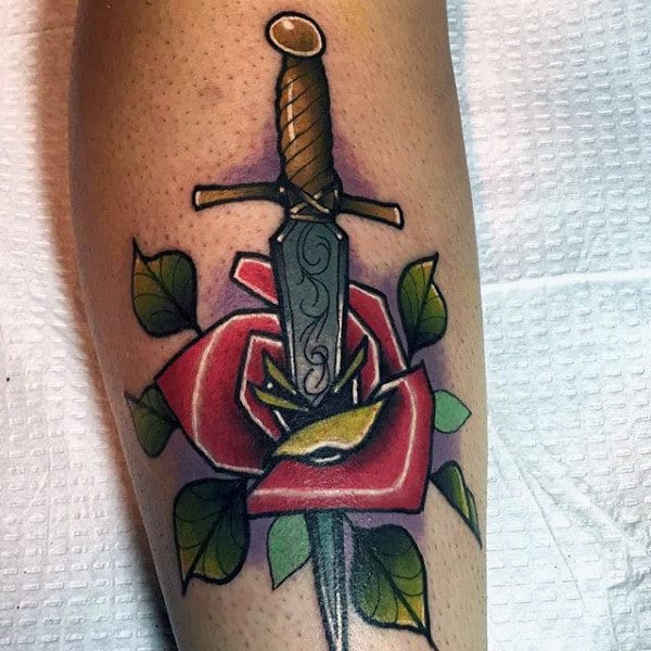 Metallic Dagger Through Rose Tattoo Male Forearms