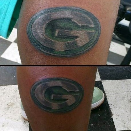 Metallic Green Bay Packers Logo Guys Lower Leg Tattoo