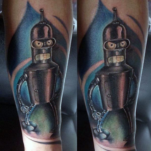 Metallic Guys Shaded Forearm Futurama Bender Tattoo Designs