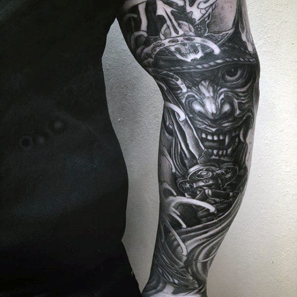 Metallic Viking Japanese Sleeve Tattoo For Guys
