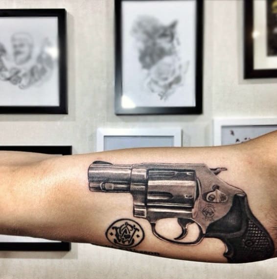 Metallized Pistol Tattoo With Stamp On Forearms For Men