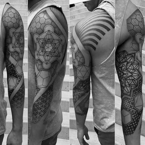 Full sleeve tattoo featuring Metatron’s Cube, hexagons, mandalas, sacred geometry, and 3D shapes with bold linework and black shading.