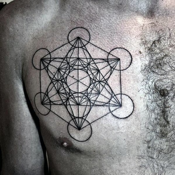 Chest tattoo of Metatron’s Cube with bold black lines and symmetrical circles, centered on the left side for a clean sacred geometry look.