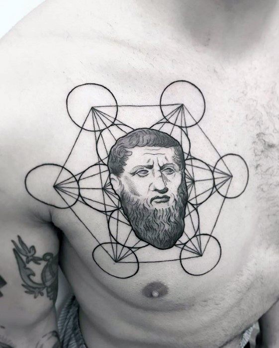 Chest tattoo featuring Metatron’s Cube with a detailed portrait of a bearded philosopher at the center, blending geometry with classical art.