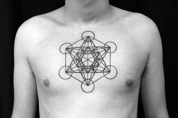 Minimalist chest tattoo of Metatron’s Cube with clean black lines and symmetrical circles, centered over the sternum for balanced energy.