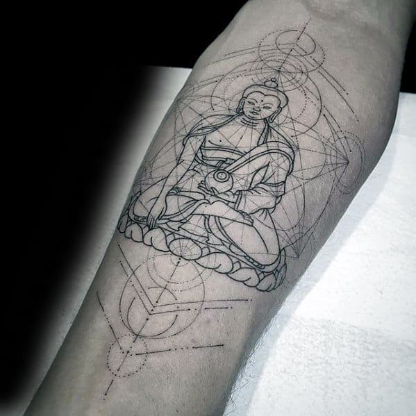 Fine line tattoo of Buddha seated in meditation over a faint Metatron’s Cube, blending spirituality with sacred geometry symbolism.