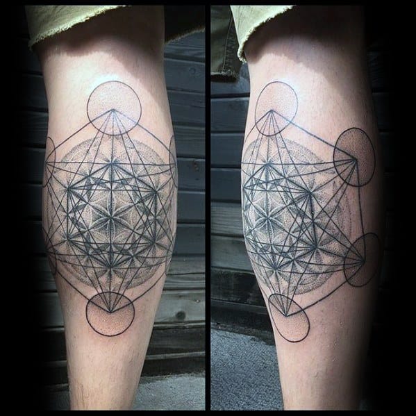Calf tattoo of Metatron’s Cube layered over the Flower of Life pattern, with fine black lines and soft dotwork for a dimensional look.