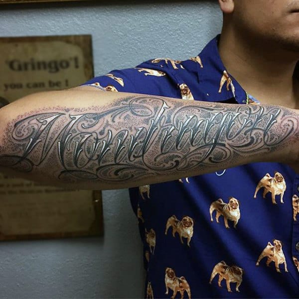 Mettalic Lettering Tattoo Male Forearms