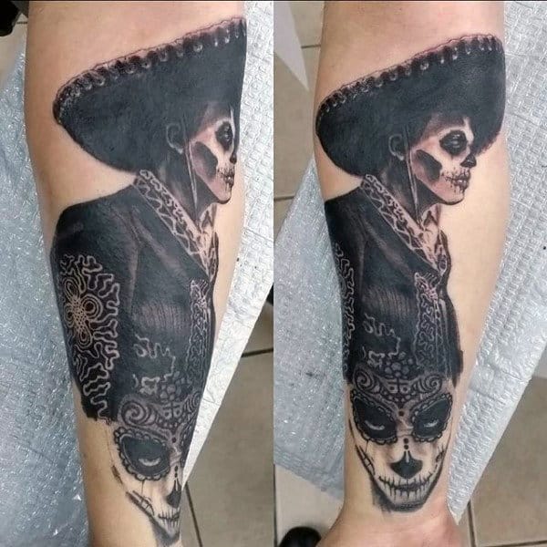 Mexican Day Of The Dead Skull And Woman Tattoo Male Forearms